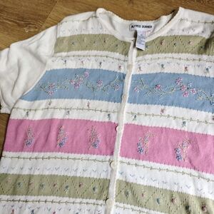 Alfred Dunner Cream Cardigan with Pink, Blue and Olive Stripes
